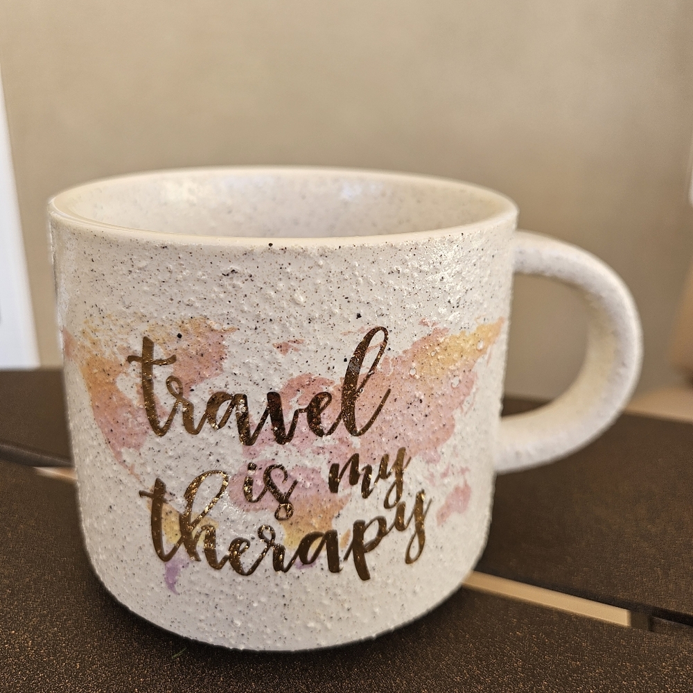Speckled Mug with Gold Travel Quote